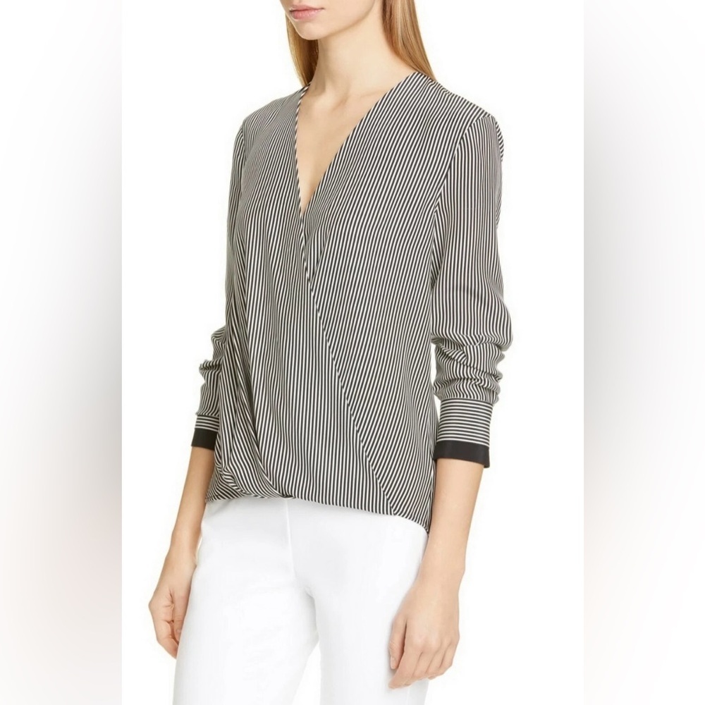 Rag & Bone Silk Blouse Victor Stripe V-Neck Sz M - Picture 2 of 10